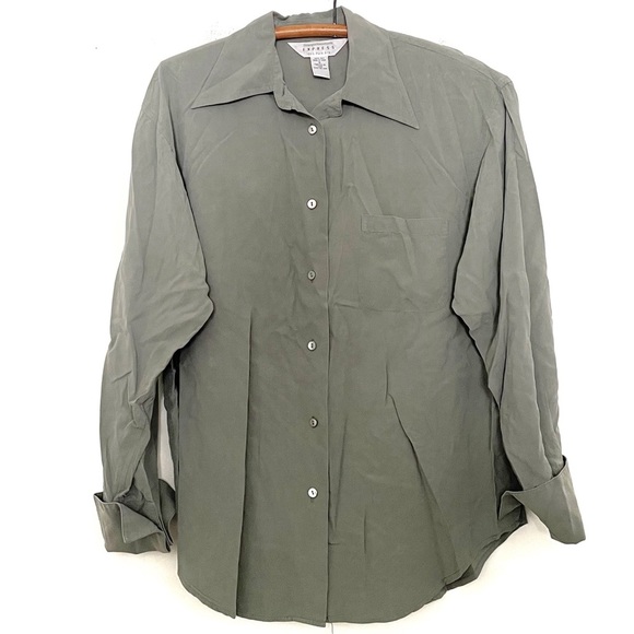 Express Tops - Vintage 90s Express 100% Silk Oversized Button Down Shirt Sage Green Size Small